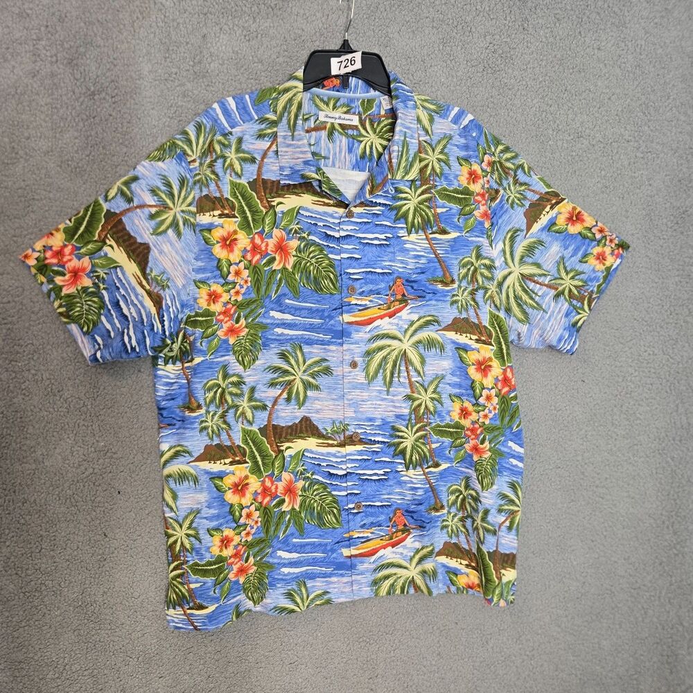 Tommy Bahama Camp Collar Hawaiian Shirt Girls XL Blue Short Sleeve